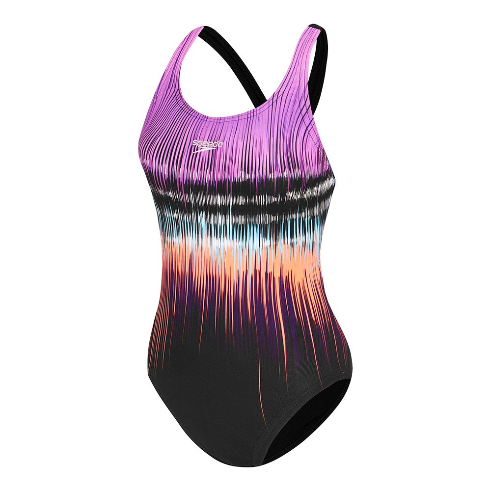 Speedo - Womens - Chest Powerstrike Leaderback One Piece - Black/Neon Orchid/Phoenix Red