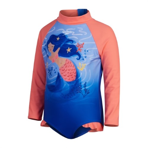 Speedo - Toddler Girls - Digital Long Sleeve Frill One Piece Paddle Suit - True Cobalt/Cupid Coral