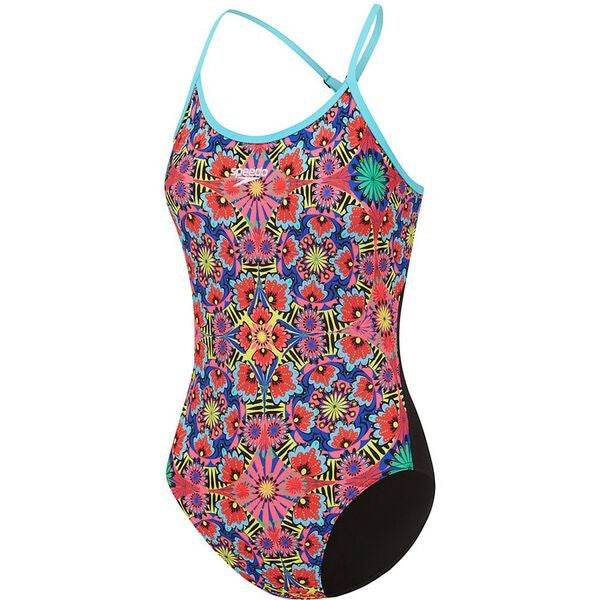 Speedo - Womens - High Leg Open X Back One Piece - Daisy Black Turquoise