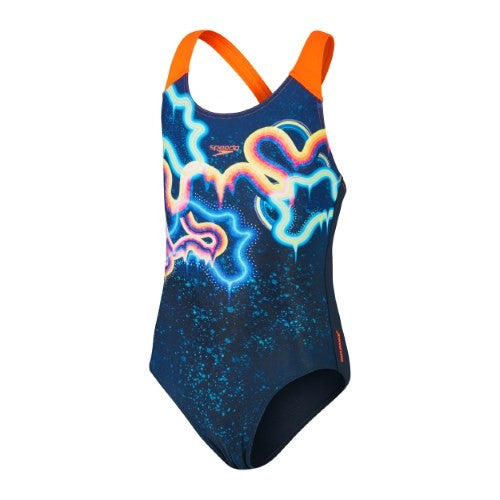 Speedo - Girls - Digital Placement Splashback One Piece - True Navy/Cobalt Pop/Hypersonic Blue/Orchid Shine/Flamingo Pink