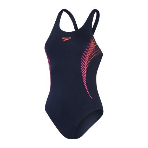 Speedo - Womens - Placement Muscleback One Piece - True Navy/Electric Pink/Volcanic Orange