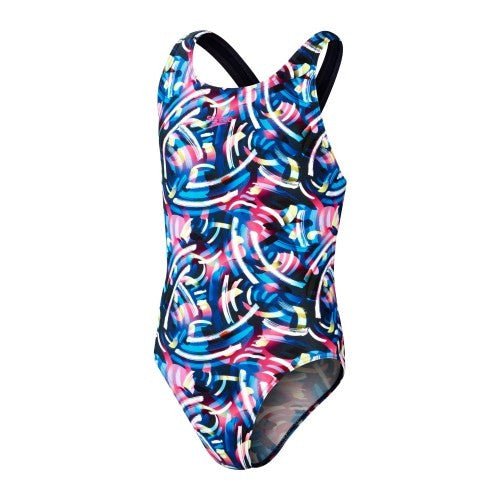 Speedo - Girls - Digital Allover Leaderback One Piece - True Navy/Black/Blue Flame Blue/Rose Violet/Bright Yellow