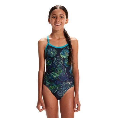 Speedo - Girls - Allover Digital Vback One Piece - True Navy/Aquarium/Fake Green/Miami Lilac